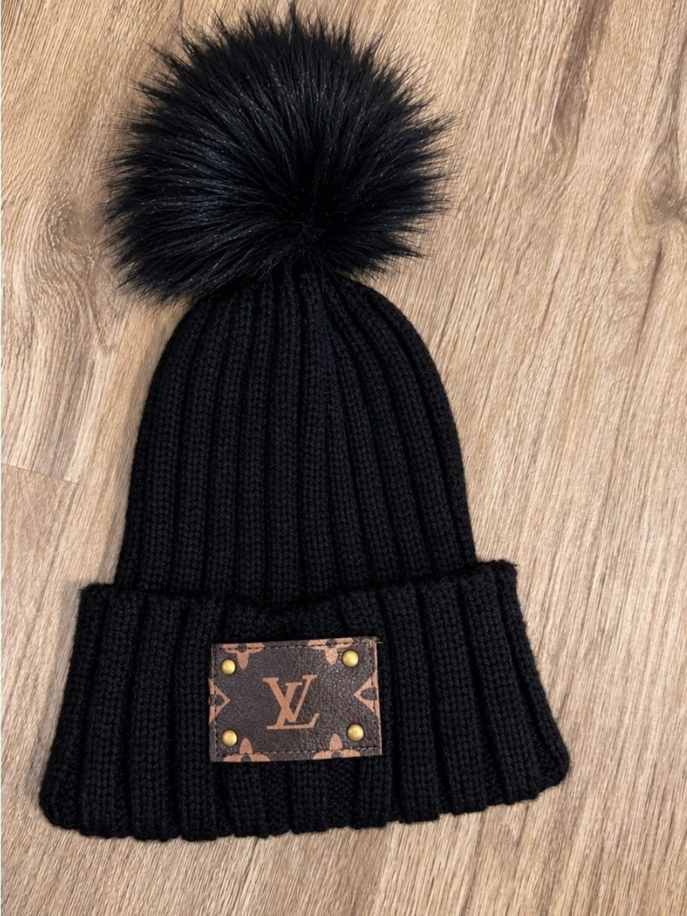 Louis Vuitton Black Ribbed Pom-Pom Beanie with Monogram Patch